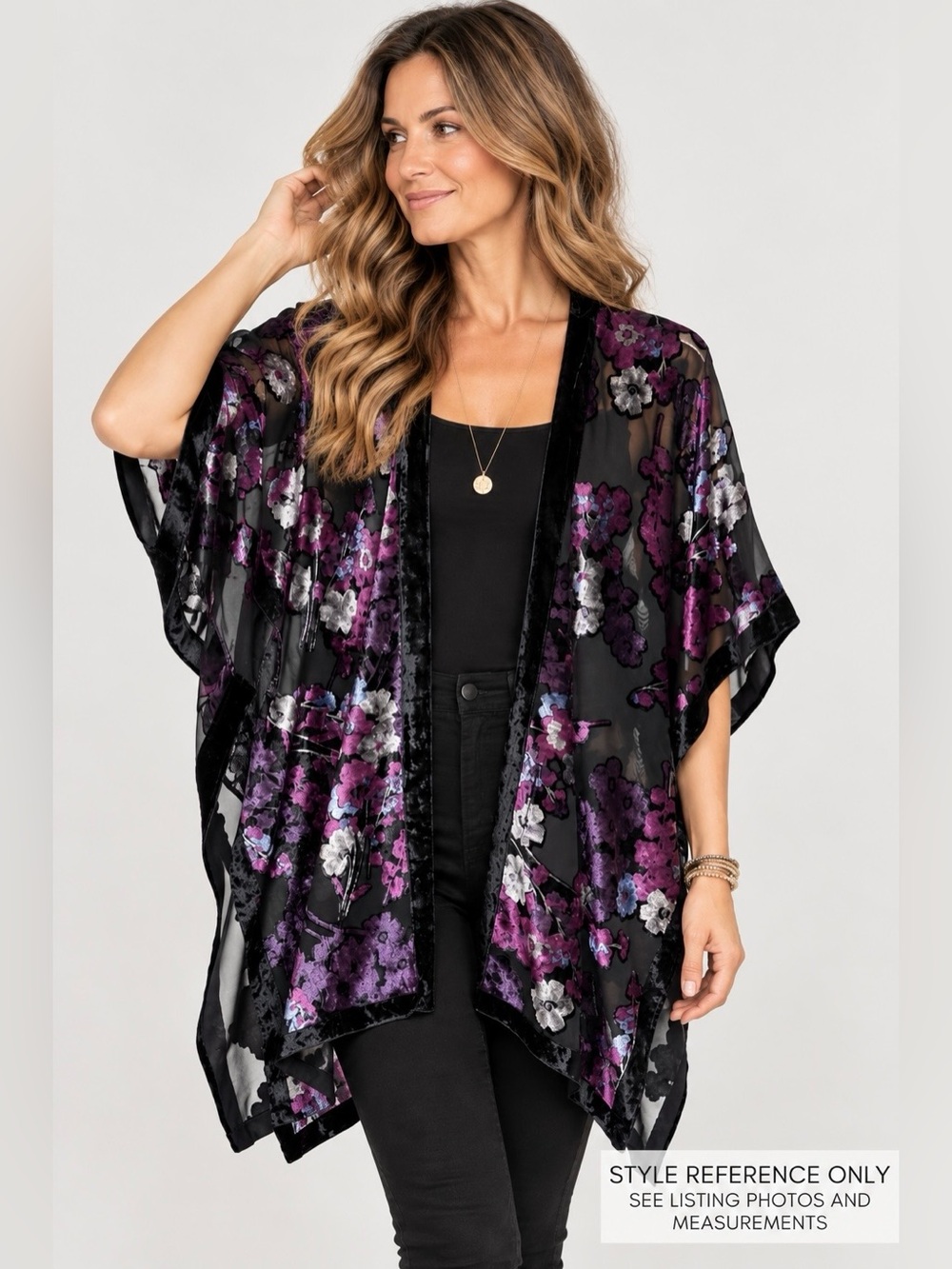 J. Jill Floral Burnout Velvet Kimono One Size Black Purple Sheer